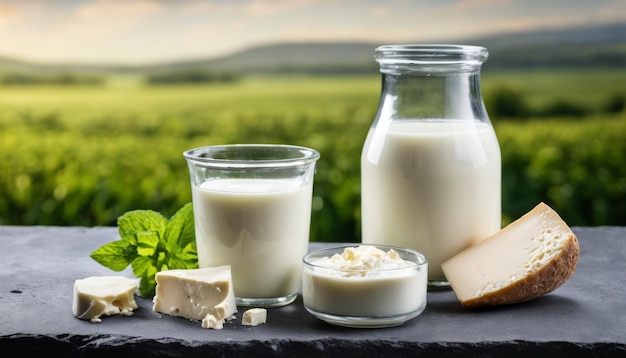 Un verre de lait et de fromage sur une table