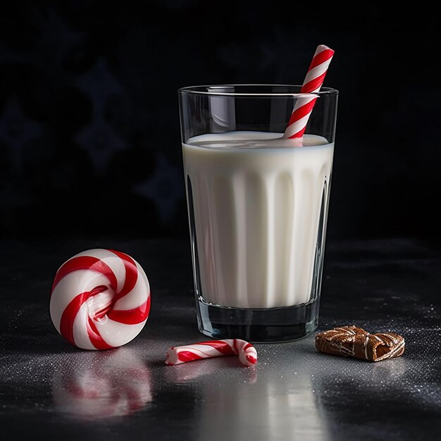 Un verre de lait avec une paille rayée rouge et blanche à côté.