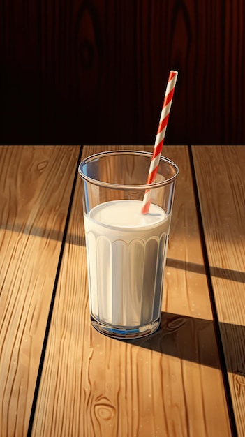 Verre de lait avec paille rayée sur table en bois