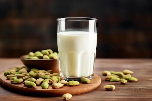 Photo un verre de lait à la pistache et des pistaches sur du bois nourriture végétalienne saine