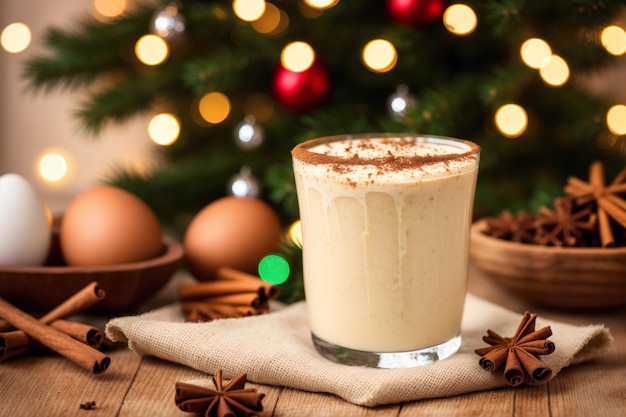 Un verre de lait de poule à côté d'un arbre de Noël