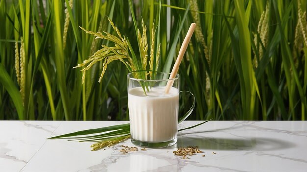 Un verre de lait de riz avec une plante de riz et des graines de riz sur un sol en marbre blanc