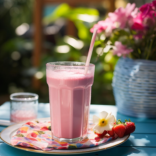 un verre de lait rose avec une paille dedans et une paille