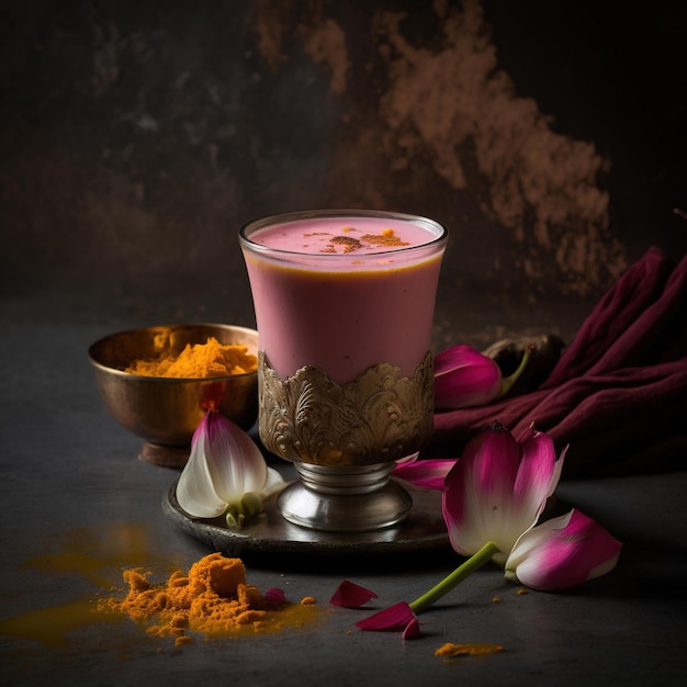 Un verre de lait rose avec de la poudre de curcuma à côté d'un bol de curcuma.