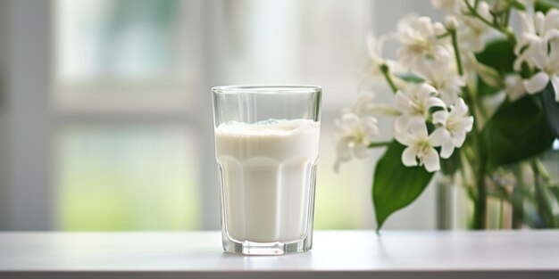 Un verre de lait se tient sur une table en marbre avec un bouquet de fleurs.