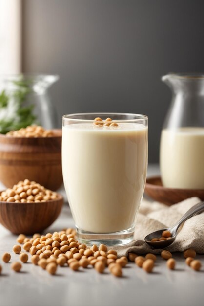 Photo un verre de lait de soja avec des haricots de soja sur une table blanche