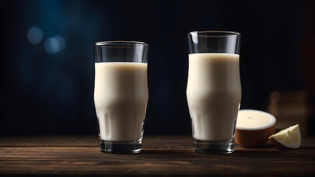 un verre de lait sur une table en bois