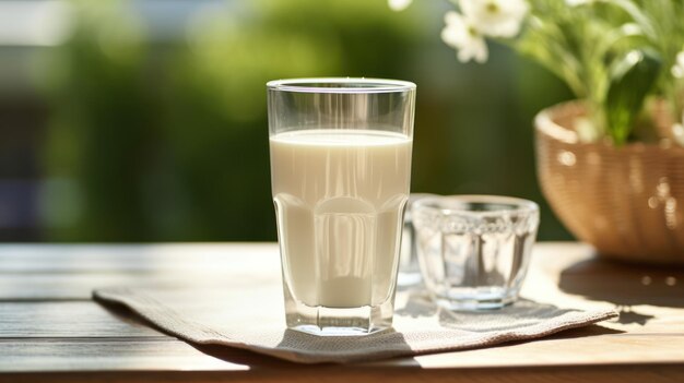 Un verre de lait sur une table en bois