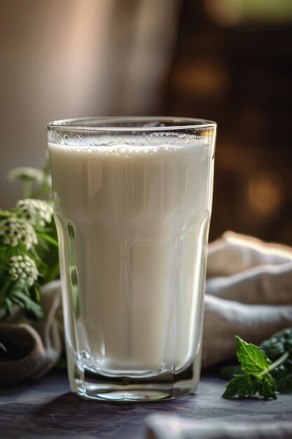Photo un verre de lait sur une table avec de la menthe fraîche photographie en gros plan avec un fond flou