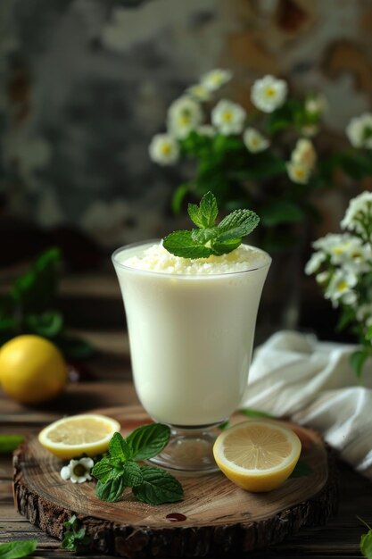 Photo un verre de lait sur une table avec de la menthe fraîche photographie en gros plan avec un fond flou