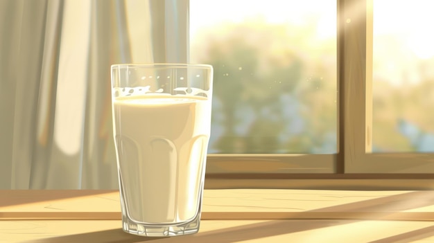Un verre de lait sur la table près de la fenêtre