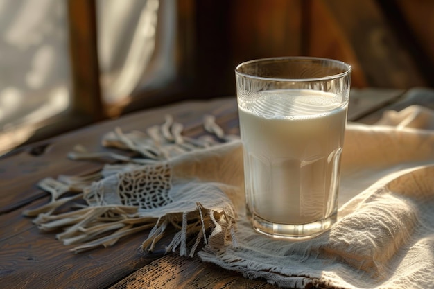 verre de lait verre de lait glass de lait avec une serviette sur une vieille table en bois