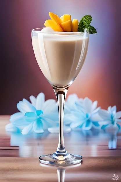 Un verre de lassi à la mangue avec une fleur sur le côté