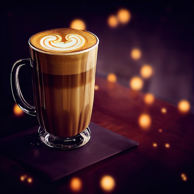 Un verre de latte épicé appétissant sur un arrière-plan flou festif avec des effets de lumière bokeh illustration 3D rendu Ai