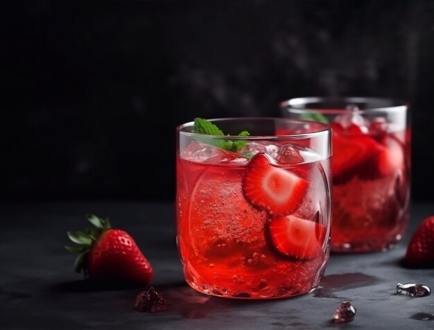 Verre de limonade aux fraises sur fond sombre