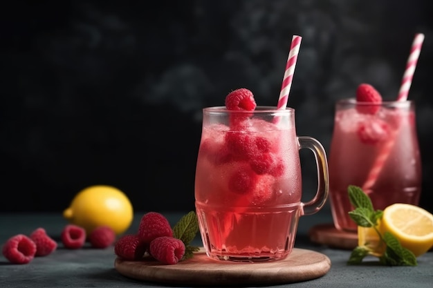 Verre de limonade aux framboises avec une paille rayée Generative AI