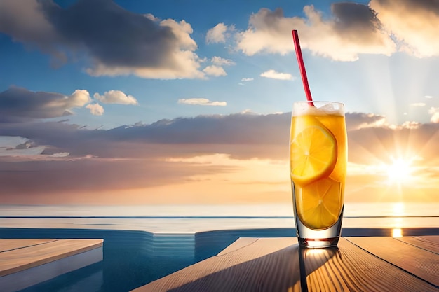 un verre de limonade est sur une table à côté d'une piscine.