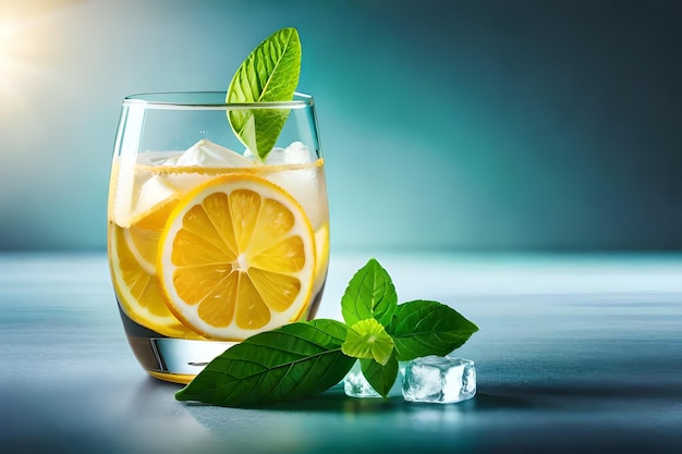 Un verre de limonade avec des feuilles de menthe et des feuilles de menthe.