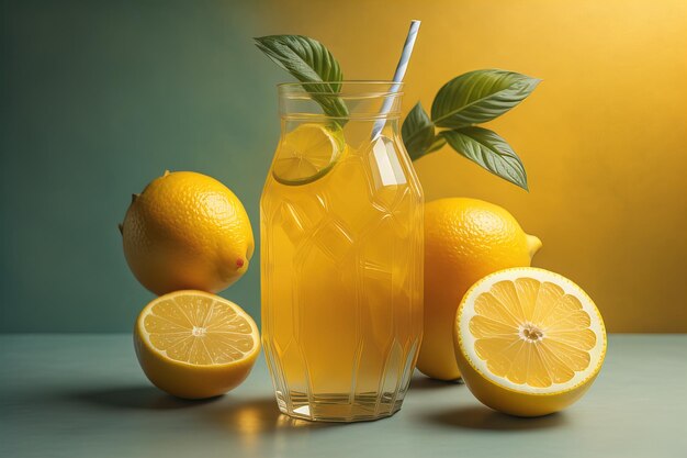 verre de limonade fraîche avec de la menthe et des citrons sur fond de couleur génératif ai