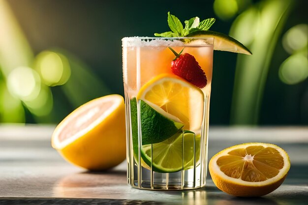 un verre de limonade avec une fraise et du citron vert.