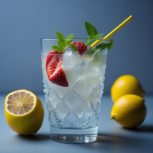 Un verre de limonade avec des fraises et des fraises dessus.