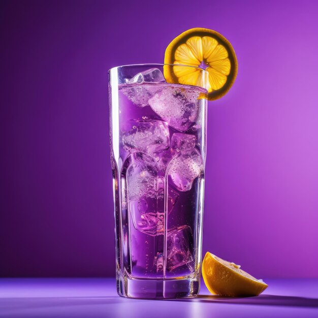 verre de limonade froide avec une tranche de citron sur fond violet créé à l'aide de la technologie de l'IA générative