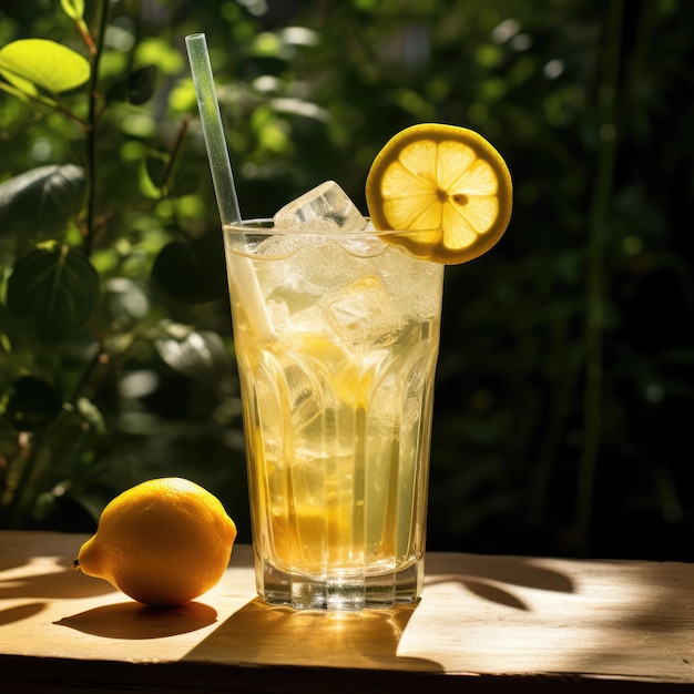 Un verre de limonade froide avec une tranche de citron sur une table ensoleillée créée à l'aide de la technologie de l'IA générative