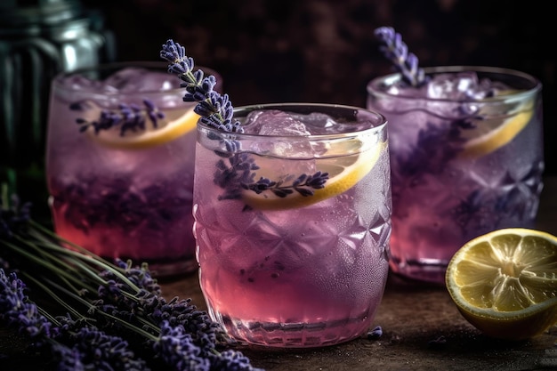 Verre de limonade à la lavande avec des fleurs fraîches AI générative