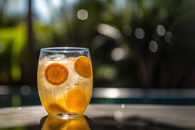 Un verre de limonade rafraîchissante d'été vert ou un cocktail alcoolisé avec de la glace et des tranches d'agrumes dans le jardin Boisson fraîche et saine à l'orange froide Eau au citron générée par l'IA