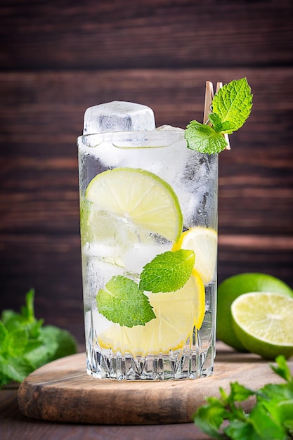 Verre de limonade rafraîchissante maison composée de tranches de citron vert et de citron, d'eau, de feuilles de menthe et de glaçons