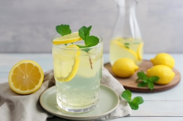 Verre de limonade avec tranche de citron et brin de menthe fraîche créé avec ai générative