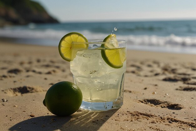 Un verre de limonade et une tranche de citron sur une plage