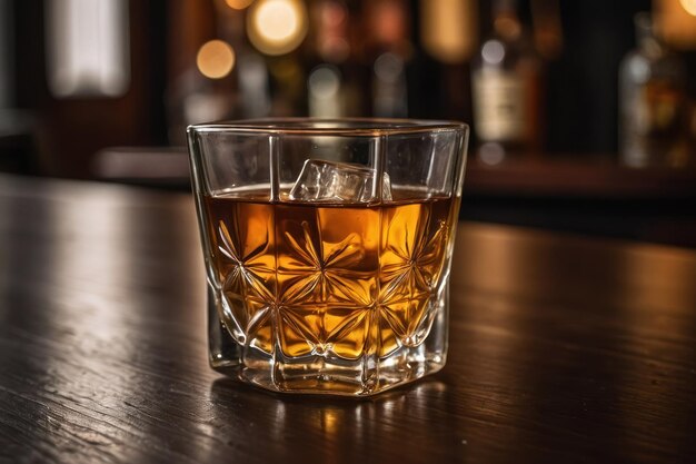 Un verre de liqueur avec de l'amaretto sur une table en bois en gros plan