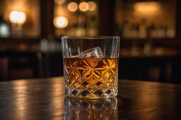 Un verre de liqueur avec de l'amaretto sur une table en bois en gros plan