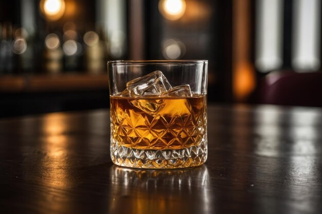 Un verre de liqueur avec de l'amaretto sur une table en bois en gros plan