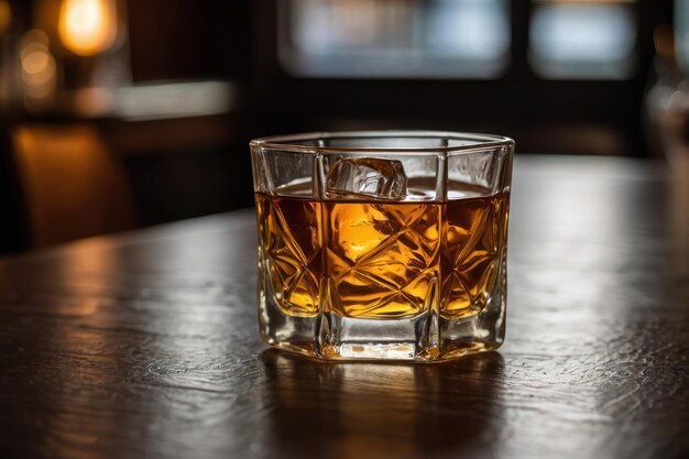 Un verre de liqueur avec de l'amaretto sur une table en bois en gros plan