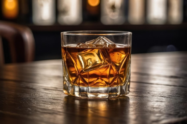 Un verre de liqueur avec de l'amaretto sur une table en bois en gros plan