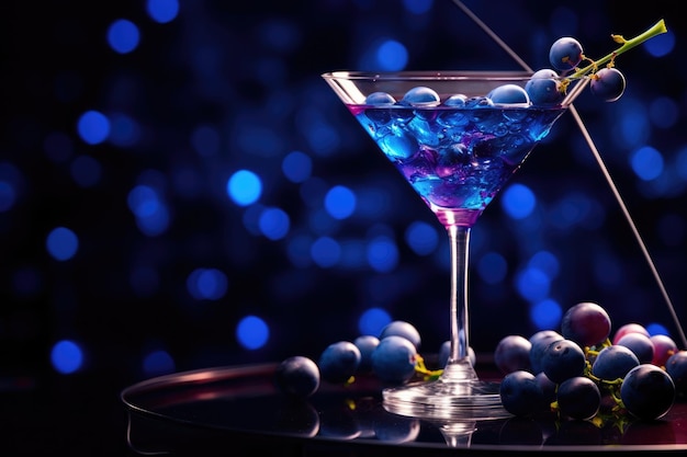 Un verre de liqueur avec des raisins bleus