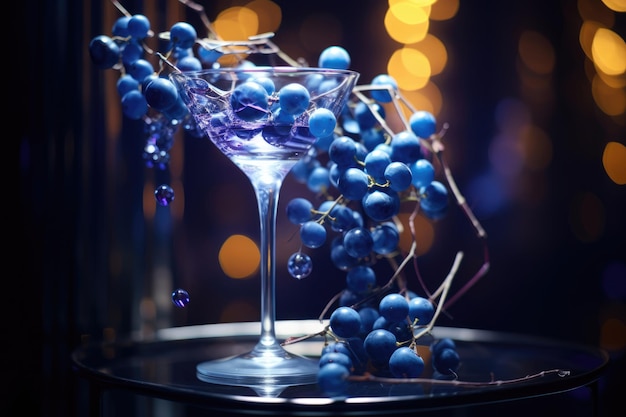 Un verre de liqueur avec des raisins bleus