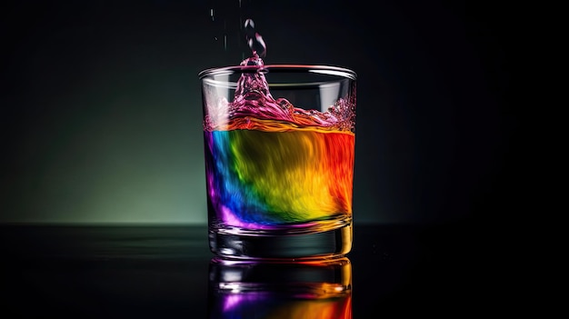 Un verre de liquide aux couleurs de l'arc-en-ciel y est versé.