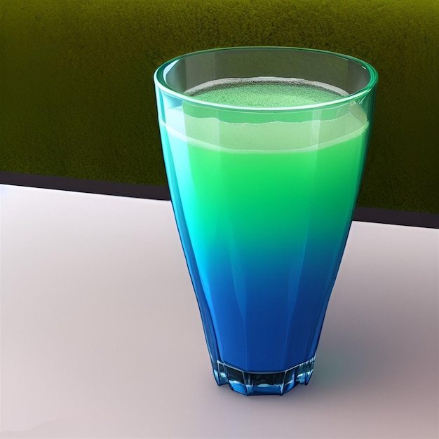 Un verre de liquide bleu avec un liquide vert dedans.