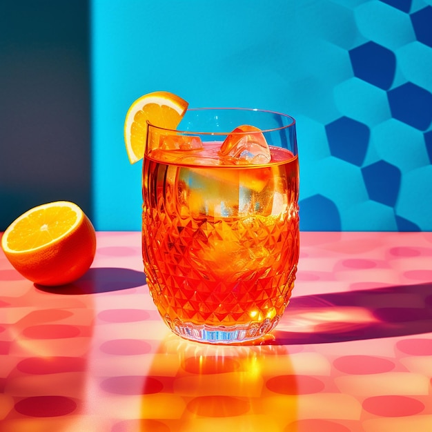 un verre de liquide avec un citron et une orange à côté.