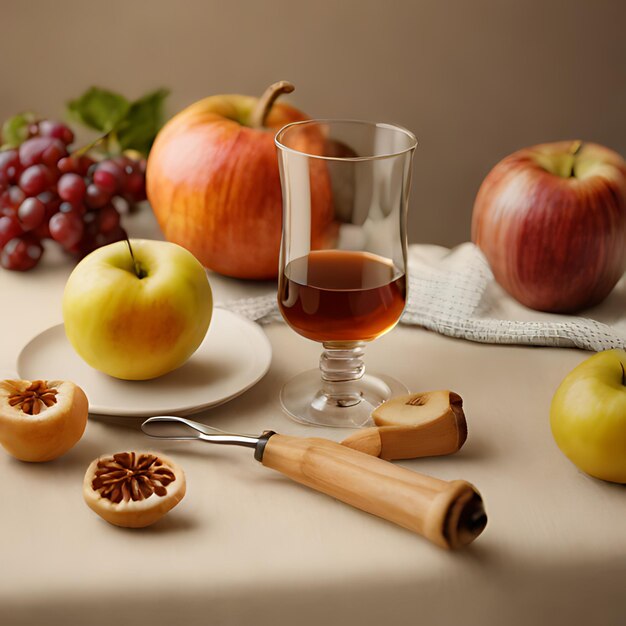 Photo un verre de liquide est assis sur une table à côté de pommes et d'un couteau