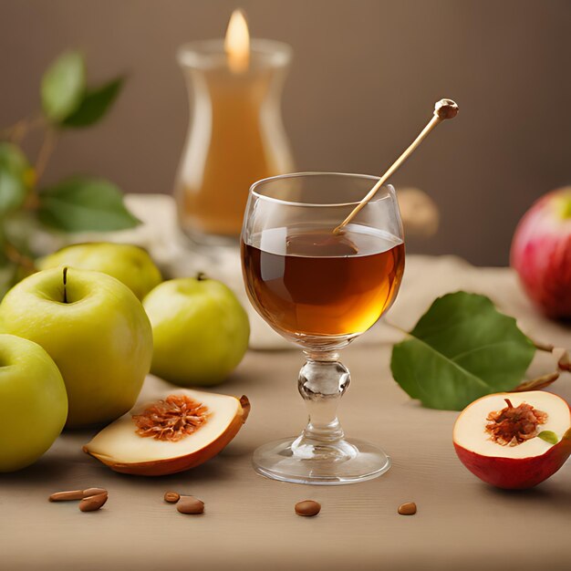 Photo un verre de liquide est assis sur une table avec des pommes et des pommes