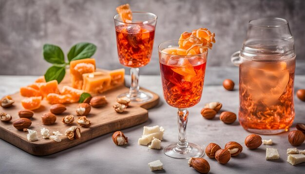 un verre de liquide avec quelques ingrédients, y compris des oranges, des noix et des noix