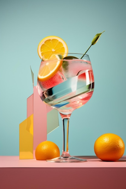 un verre de liquide rose avec un citron et des oranges.