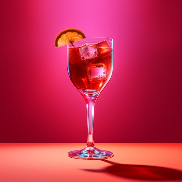 un verre de liquide rose avec un coin de citron au fond.