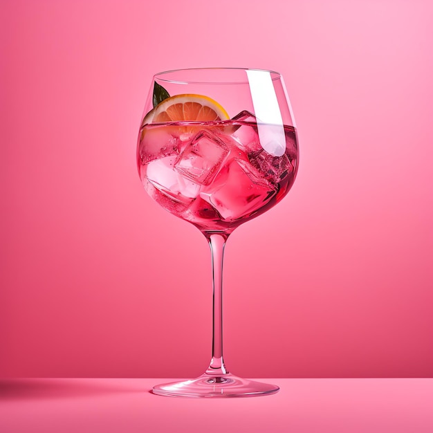 un verre de liquide rose avec de la glace et une tranche de citron