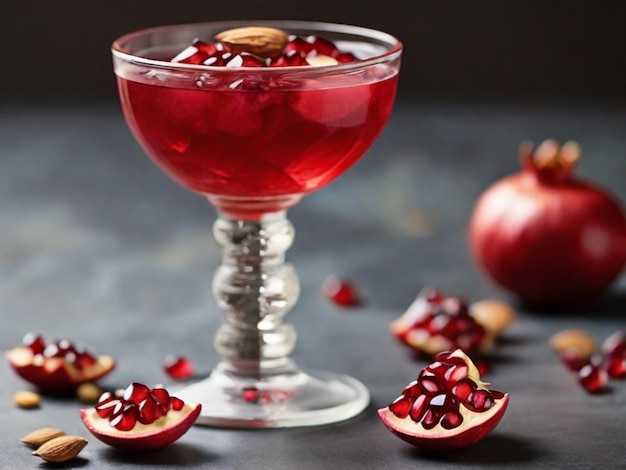 un verre de liquide rouge avec un bouquet de cerises dessus