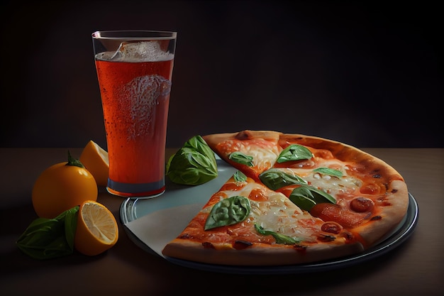 Un verre de liquide rouge à côté d'une pizza avec des feuilles de basilic dessus.